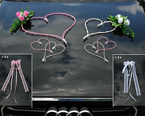 TOP HERZE Auto Schmuck Braut Paar Rose Deko Dekoration Autoschmuck Hochzeit Car Auto Wedding Deko PKW (Maxi Rosa/Weiß) von Auto-schmuck so einfach so kreativ