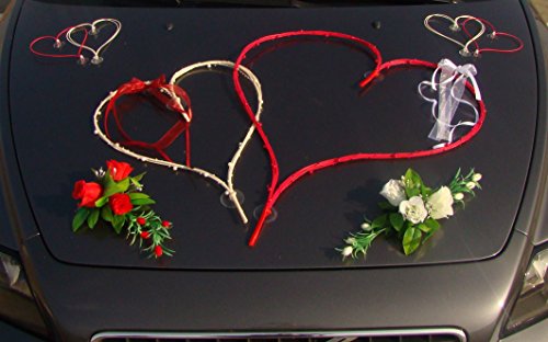 TOP HERZE Auto Schmuck Braut Paar Rose Deko Dekoration Autoschmuck Hochzeit Car Auto Wedding Deko PKW (Maxi Weiß/Rot) von Auto-schmuck so einfach so kreativ