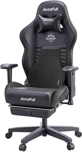 AutoFull C3 Gaming Stuhl Bürostuhl Schreibtischstuhl mit ergonomischer Lordosenstütze, PU-Leder im Racing-Stil, PC-Drehstuhl mit hoher Rückenlehne, verstellbar, mit Fußstütze, Schwarz von AutoFull