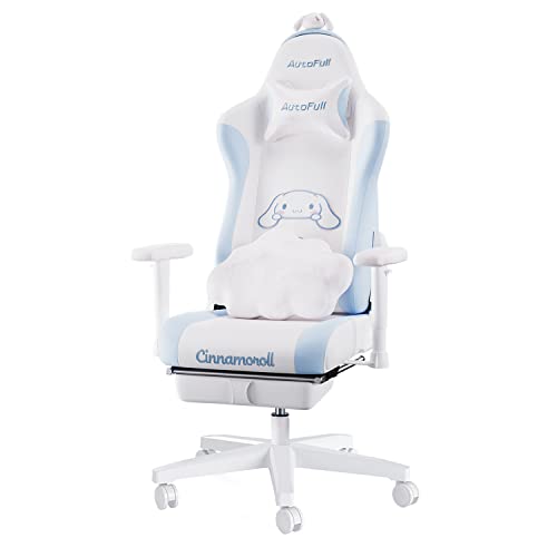 AutoFull Cinnamoroll Gaming-Stuhl Ergonomischer Schreibtisch-Computerstuhl mit hoher Rückenlehne und Lendenwirbelstütze, PU-Leder-Arbeitsstuhl mit Fußstütze, Weiß und Blau von AutoFull