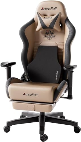 AutoFull C3 Gaming Stuhl Bürostuhl Schreibtischstuhl Gamer Stuhl 150 kg belastbarkeit mit ergonomischer Lordosenstütze, PU-Leder verstellbar, mit Fußstütze, Braun von AutoFull