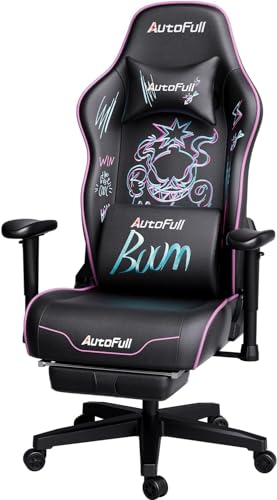 AutoFull Graffiti Gaming Stuhl Schreibtischstuhl Ergonomischer Bürostuhl,Verstellbarer Schaukeln Verschleißfester Super Soft PU Leder Racing Stuhl mit Stickerei Lendenwirbelstütze und Fußstütze, lila von AutoFull