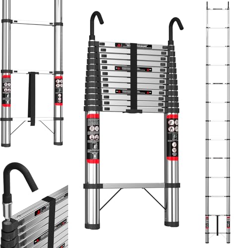 5M Teleskopleiter mit Haken Edelstahl Leiter Klappleiter Ausziehleiter Stehleiter Rutschfester, Teleskop-Design, aus hochwertigem Edelstahl, Tragbar, Leichte, 150 kg Belastbarkeit von Autofather