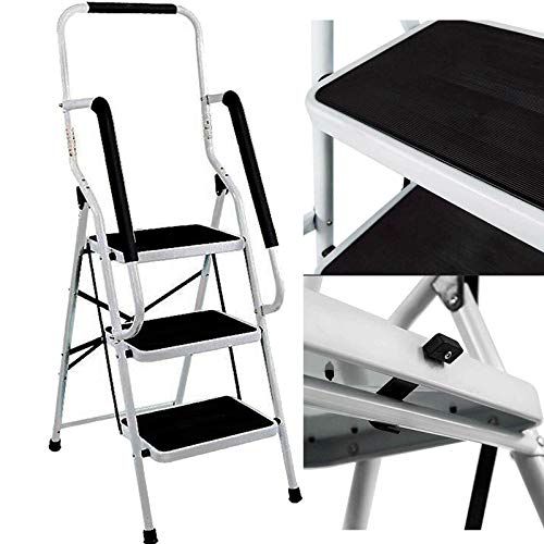 Stahl Klapptritt 3 Stahlstufen Trittleiter Klappbar 3 Stufen Stabil Haushaltsleiter Stahlleiter 150 kg max Belastung mit Anti-Rutsch-Schritte Handlauf von Autofather