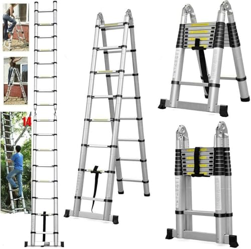 Teleskopleiter Klappleiter Aluminium, 5M (2,5 + 2,5 m) Ausziehbare Leiter, Rutschfester Aluleiter Stehleiter Mehrzweckleiter Aluminiumleiter, Teleskop Ausziehleiter 150kg Belastbarkeit von Autofather