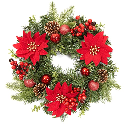 Auton 16-Zoll-Weihnachtskranz für die Haustür, Outdoor-Weihnachtskranz mit künstlichen Weihnachtsstern Blumen Kugel Ornamente Tannenzapfen Beeren, für Home Wall Window Holiday Dekorationen, Rot von Auton