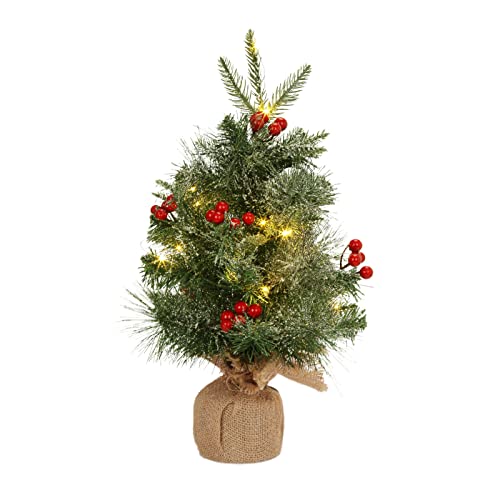 Auton 18 Zoll Mini Table Top Weihnachtsbaum, Prelit kleine Künstliche Weihnachtsbaum mit 20 LED-Lichter rote Beeren Burlap Basis für Home Table Centerpiece Schlafzimmer Büro Schreibtisch Deko, Grün von Auton