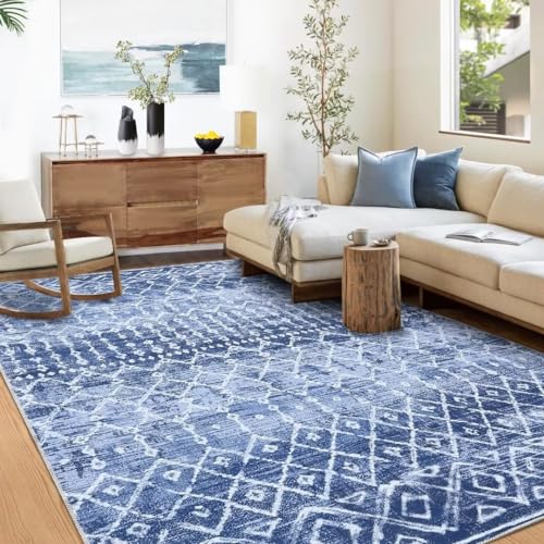 Auton Boho Teppich, Moderner Teppich, Neutraler Teppich für Schlafzimmerdekoration Wohnzimmer Dekorationsideen Spielzimmer 200 x 290 cm Blau von Auton