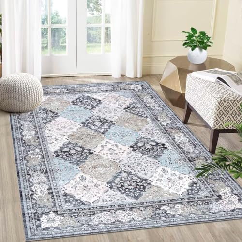 Auton Boho-Teppiche, Waschbare Teppiche für Wohnzimmer Rutschfester dünner Überwurf Teppich für Esszimmertisch Teppich mit Blumendruck im Used-Look für Schlafzimmer Küche Büro, Blau 120 x 170 cm von Auton