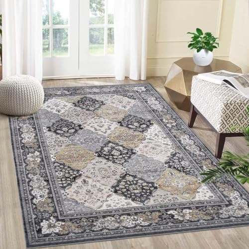 Auton Boho-Teppiche, Waschbare Teppiche für Wohnzimmer Rutschfester dünner Überwurf Teppich für Esszimmertisch Teppich mit Blumendruck im Used-Look für Schlafzimmer Küche Büro, Braun 120 x 170 cm von Auton