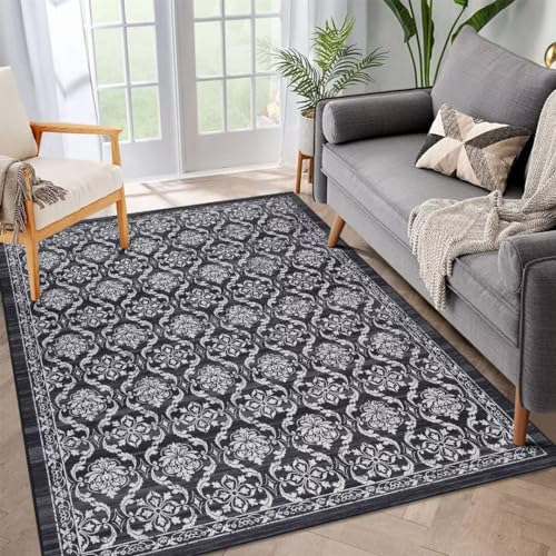 Auton Boho-Teppiche, Waschbare Teppiche für Wohnzimmer Rutschfester dünner Überwurf Teppich für Esszimmertisch Teppich mit Blumendruck im Used-Look für Schlafzimmer Küche Büro, Dunkelgrau 120 x 170 von Auton