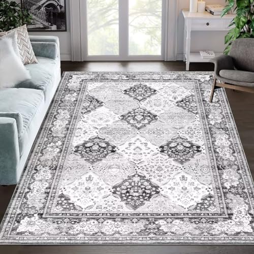 Auton Boho-Teppiche, Waschbare Teppiche für Wohnzimmer Rutschfester dünner Überwurf Teppich für Esszimmertisch Teppich mit Blumendruck im Used-Look für Schlafzimmer Küche Büro, Grau 120 x 170 cm von Auton