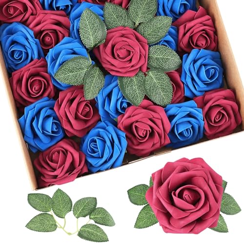 Auton Künstliche Rosen Blumen, 25 Stück Kunstblumen Rosenköpfe und Blatt für DIY Hochzeit Blumensträuße/Zuhause Dekorationen, Burgundy & Royal Blue von Auton