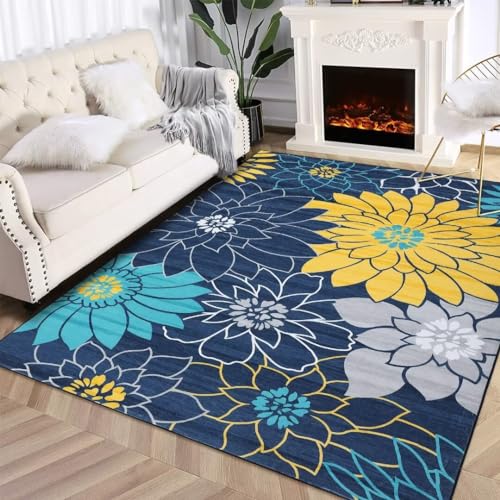 Auton Maschinenwaschbarer Blumen-Wohnzimmerteppich Flächenteppich für Schlafzimmer Rutschfester Flacher Küchenteppich Kinderzimmerteppich, für den Innenbereich im Esszimmer Büro, Blau 120 x 170 cm von Auton