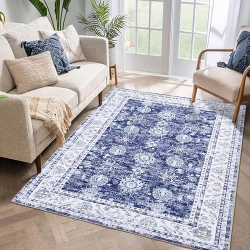 Auton Maschinenwaschbarer Teppich 140 x 200 cm, Vintage Design Teppich mit Rutschfesten für Wohnzimmer Schlafzimmer Blumendruck Teppich Schmutzabweisend Heimdekoration Bürobereich, Blau von Auton