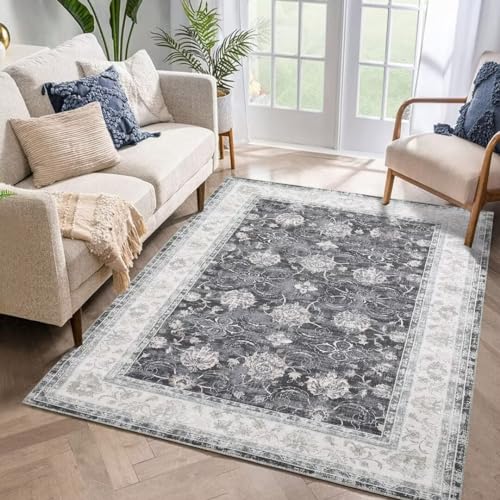 Auton Maschinenwaschbarer Teppich 160 x 230 cm, Vintage Design Teppich mit Rutschfesten Teppichen für Wohnzimmer Schlafzimmer Blumendruck Teppich Schmutzabweisend Heimdekoration Bürobereich, Schwarz von Auton