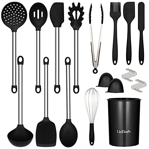 Küchenhelfer Set, 27 Pieces Silikon Kochutensilien Kochbesteck Set mit Utensilienhalter, Antihaft Kochset Küchenutensilien mit Edelstahlgriff, Spülmaschinenfest (Schwarz) von Auton