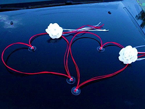 DEKORIERT Ratan Herzen Auto Schmuck Braut Paar Rose Deko Dekoration Autoschmuck Hochzeit Car Auto Wedding Deko (Weiß/Rot) von Auto-schmuck so einfach so kreativ