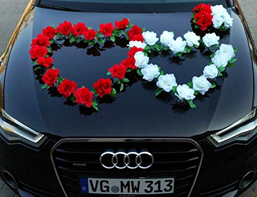 DOPPEL Herz Auto Schmuck Braut Paar Rose Deko Dekoration Autoschmuck Hochzeit Car Auto Wedding Deko Ratan (Rot/Reinweiß) von Auto-schmuck so einfach so kreativ