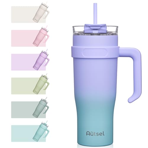 Autsel 40oz Trinkbecher mit Deckel und Strohhalm,1200ml Thermobecher mit Strohhalm und Henkel, Doppelwandiger Edelstahl Vakuum Isolierbeche Kaffeebecher to Go, Tragbare Auto Becher von Autsel