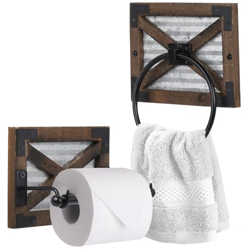 Autumn Alley Rustikaler Toilettenpapierhalter und Handtuchringhalter mit Halterungen, Wandhalterung, 2 Set, Bauernhaus-Wand-Toilettenpapierhalter und Badezimmer-Handtuchhalter, Holz, Bauernhaus, von Autumn Alley