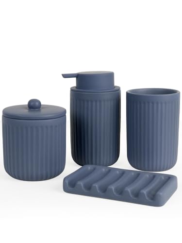 Autumnlife Badezimmer Set Blau, 4-teilig Keramik Bad Zubehör - 350 ml Seifenspender, Zahnputzbecher, Seifenschale & Wattestäbchen Behälter, Deko Badausstattung Set für Waschbecken von Autumnlife