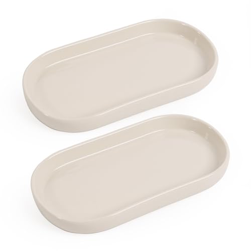 Autumnlife Badezimmer Tablett Keramik, 2 Stück Oval Tablett Deko Ablageschale Kosmetik Kleines Tablett für Toilette und Waschtisch Badewanne Küchenspüle - Cremeweiß von Autumnlife