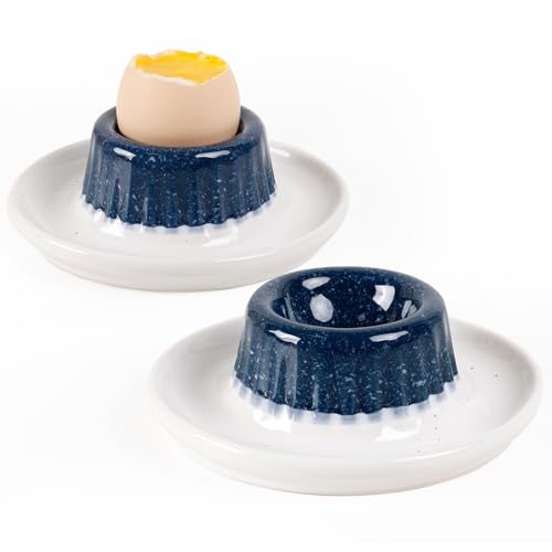 Autumnlife Eierbecher 2er-Set, Stapelbare Eierhalter mit Ablage, Porzellan Eierständer mit Teller Runde Eierbecher für Frühstückstisc, ideal für weich- & hartgekochte Eier, Blau von Autumnlife