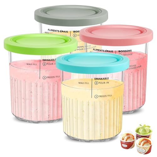 Auvrgmin 4 Stück Creami Behälter für Ninja Creami Deluxe Ice Cream Maker NC501 NC501EU NC500 Series Pints ​​und Deckel, BPA-Free, spülmaschinenfest, Rosa, Grün, Grau und Blau von Auvrgmin