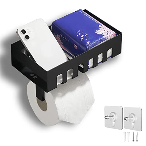 Toilettenpapierhalter ohne Bohren, WC Papier Halterung mit Ablage, Selbstklebend Klopapierhalter Schwarz, Papierrollenhialter für Bad, Toilettenpapieraufbewahrung Badregal von Auvrgmin