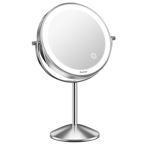 Auxmir Kosmetikspiegel LED Beleuchteter Tischspiegel mit 1X/10X Vergrößerung, 3 Einstellbare Lichtfarben, 360° Schwenkbar, Doppelseitiger Schminkspiegel Standspiegel für Zuhause von Auxmir
