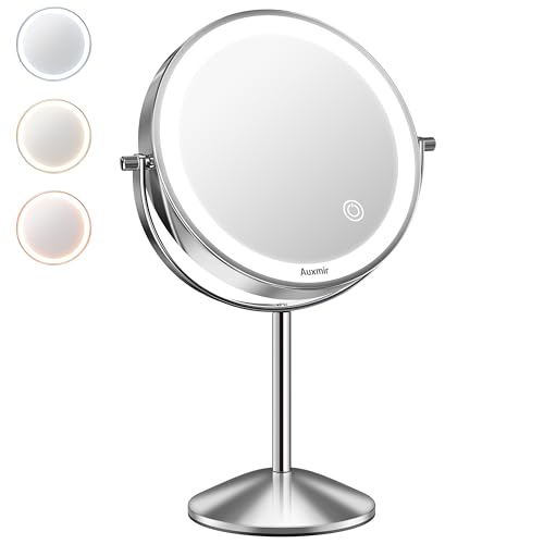 Auxmir Kosmetikspiegel Tischspiegel LED Beleuchtet mit 1X/10X Vergrößerung, 3 Einstellbare Lichtfarben, 360° Schwenkbar, Doppelseitiger Schminkspiegel Standspiegel Touchschalter für Zuhause von Auxmir
