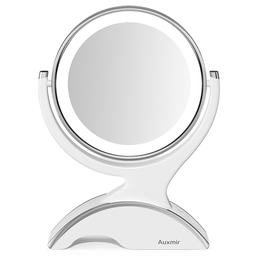 Auxmir Kosmetikspiegel mit 1-/ 10X Vergrößerung mit Blendfreier LED Beleuchtung, Doppelseitiger Schminkspiegel USB Aufladbar, Tischspiegel 360° Drehbar für Schminken, Rasieren und Gesichtspflege, Weiß von Auxmir