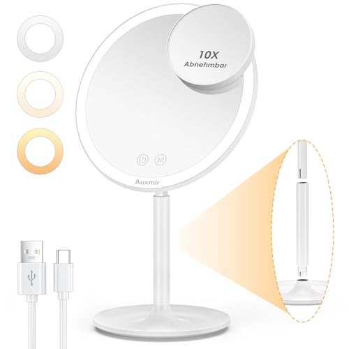 Auxmir Kosmetikspiegel mit Beleuchtung, Schminkspiegel mit Licht 10fach Vergrößerungspiegel, Wiederaufladbar 2000mAh, 3 Farben und Helligkeit Einstellbar, 8" Faltbarer Drehbar Tischspiegel für Reise von Auxmir