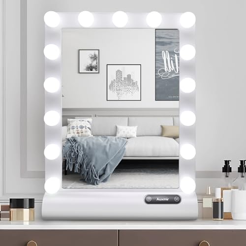 Auxmir Hollywood Spiegel, Dimmbarer Schminkspiegel mit 15 Beleuchtung, LED Kosmetikspiegel mit 3 Farbtemperatur Licht, Tischplatte oder Wandhalterung, Tischspiegel für Schminktisch, Weiß von Auxmir