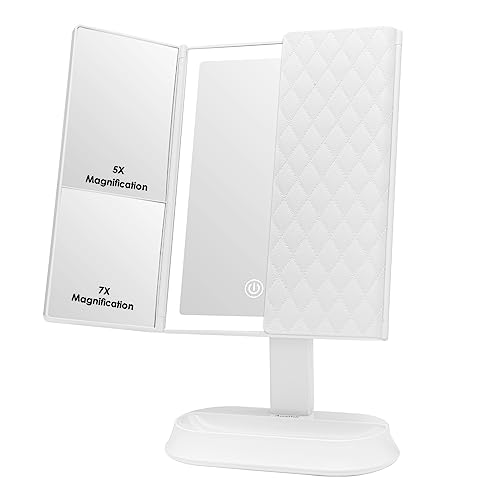 Auxmir Schminkspiegel mit Beleuchtung, Faltbar 1X/5X/7X Kosmetikspiegel, 60 Stück LED Tischspiegel mit 3 Lichtfarben und Dimmbare Helligkeit, Duale Unterstützung USB und Batterie, Weiß von Auxmir