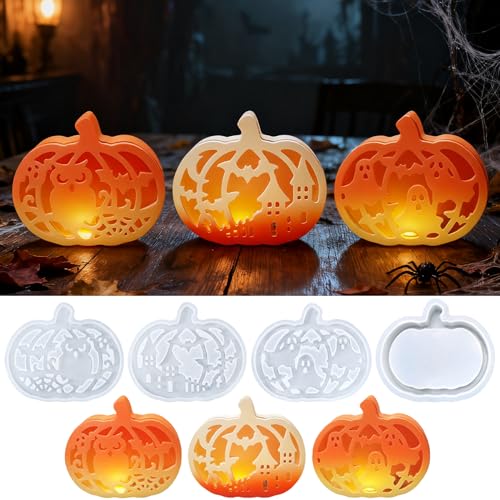 4 Stück Silikonformen Gießformen Halloween Kürbis,Silikon Gießform Kürbis,Silikonform Kürbis mit Helloween Elemente Muster,Silikonform Herbst,Gipsformen zum Gießen für DIY Deko von Auzlya