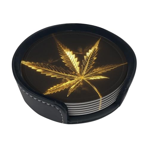 Golden Cannabis runde Leder-Untersetzer, 10,2 cm, 6 Stück, zart und bequem, mit Aufbewahrungsbox, Home Essentials von AvImYa