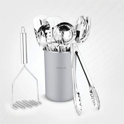 Avador Premium Küchenwerkzeug-Set aus Edelstahl (grauer Halter), mit Halter, leicht zu reinigen, platzsparend, ideal zum Kochen, Backen, Zubereiten (grau) von Avador