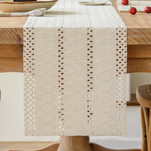 Avalune Tischläufer Beige Boho Tisch Läufer Modern Bauernhaus Klein Schmal Tischdecke Dekor Makramee Baumwolle Leinen Landhausstil Rustikaler Herbst Table Runner für Küche Hochzeit Party 30x140 cm von Avalune