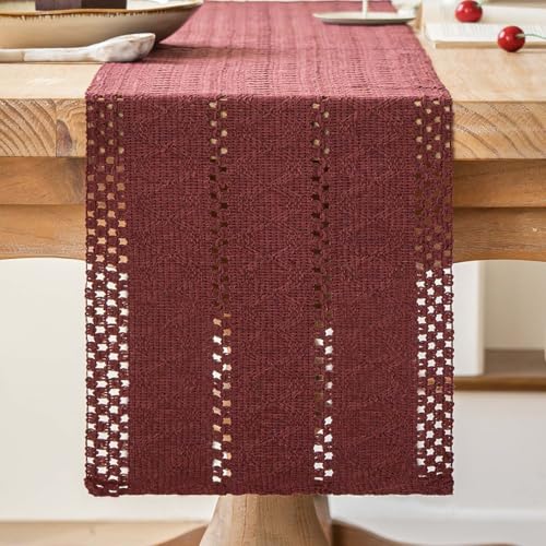 Avalune Tischläufer Burgunderrot Boho Tisch Läufer Modern Bauernhaus Klein Schmal Tischdecke Dekor Makramee Baumwolle Leinen Landhausstil Rustikaler Table Runner für Küche Hochzeit Party 30x140 cm von Avalune