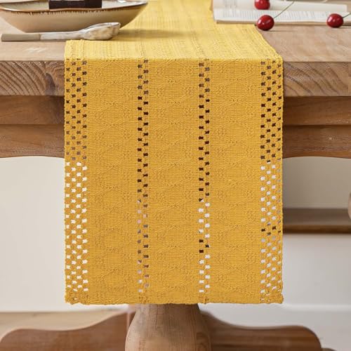 Avalune Tischläufer Gelb Boho Tisch Läufer Modern Bauernhaus Klein Schmal Tischdecke Dekor Makramee Baumwolle Leinen Landhausstil Rustikaler Herbst Table Runner für Küche Hochzeit Party 30x140 cm von Avalune