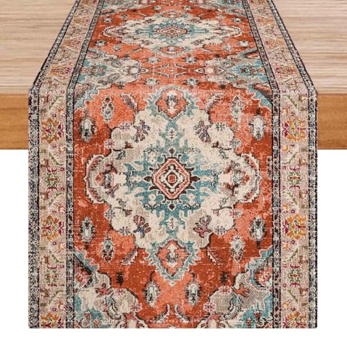 Avalune Tischläufer Rot Orange Boho Modern Vintage Leinenoptik Mandala Blumen Läufer Tisch Abwaschbar Retro Landhausstil Outdoor Tischlaufer für Küche Esszimmer Küchentisch Garten Deko 40x140 cm von Avalune