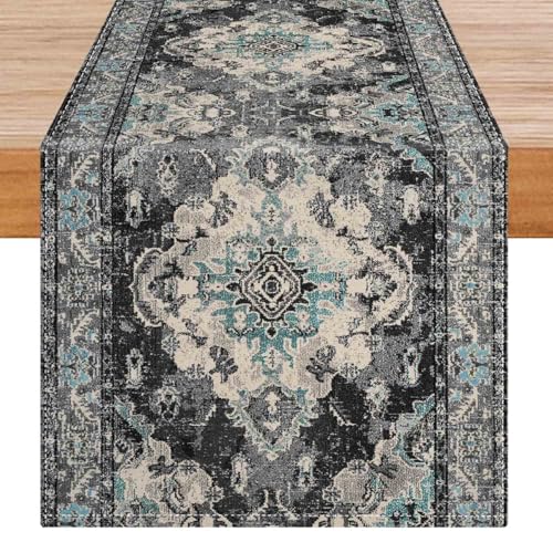 Avalune Tischläufer Schwarz Grau Boho Modern Herbst Vintage Leinenoptik Mandala Läufer Tisch Abwaschbar Geometrisch Retro Landhausstil Outdoor Tischlaufer für Küche Esszimmer Garten Deko 40x140 cm von Avalune