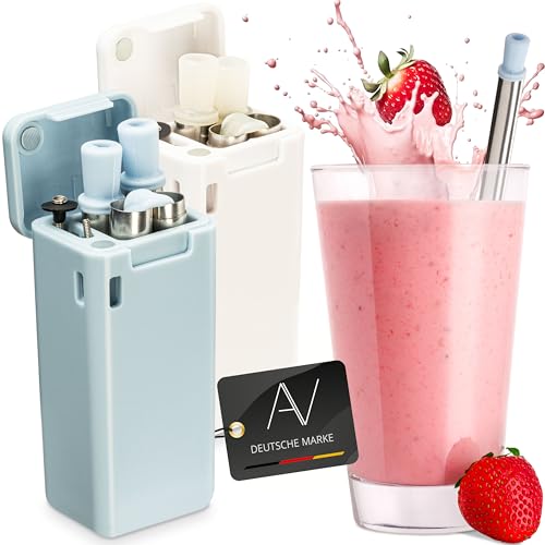 AVANA Wiederverwendbare Edelstahl Strohhalme 2er Set Faltbare Silikon Trinkhalme BPA-Frei Umweltfreundlich Zusammenklappbar mit Reinigungsbürste und Magnetbox (Weiß & Hellblau) von AVANA