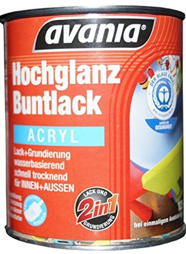 Avania Hochglanz Buntlack / Acryllack / sonnengelb / 375 ml / 2 in 1 Lack u. Grundierung / Malerqualität für Holz, Putz,Beton, Mauerwerk, Kunststoff,Eisen, Stahl, Metall,Zink, Aluminium, Kupfer von Avania