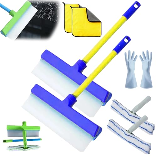 Alisanda Recycelbares Fensterabzieher-Set Aus Silikon, Glasreinigungswerkzeug Mit Silikonabzieher Und Mikrofaserschrubber, Fensterreinigungsset Für Dusche, Glas, Spiegel, Tür, Auto (Blau × 2) von Avanise