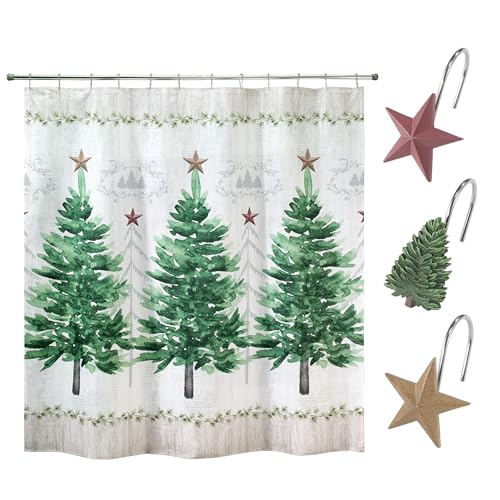 Avanti Linens Duschvorhang-Set, 100% dekorativer Polyester-Vorhang mit 12 handbemalten Harzhaken, Weihnachts-Badezimmer-Dekor (Baum-Kollektion) von Avanti Linens