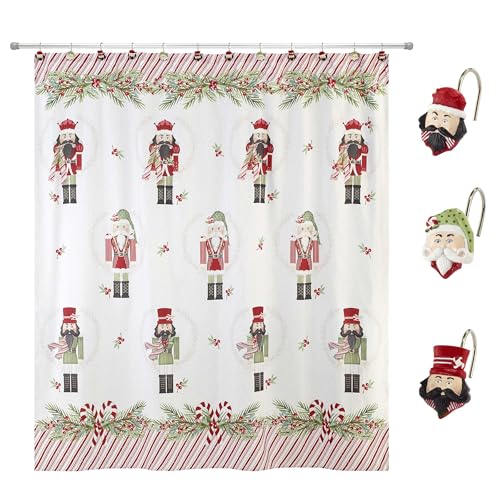 Avanti Linens Duschvorhang-Set, wasserabweisender Polyester-Vorhang mit passenden 12-teiligen Haken aus Harz, Urlaubs-Badezimmer-Dekor, 182,9 x 182,9 cm (Peppermint Nussknacker) von Avanti Linens