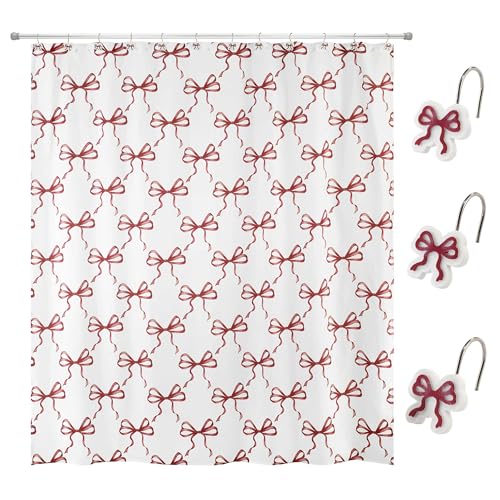 Avanti Linens Duschvorhang-Set, wasserabweisender Polyester-Vorhang mit passenden 12-teiligen Haken aus Harz, Urlaubs-Badezimmer-Dekor, 182,9 x 182,9 cm (Weihnachtsschleifen) von Avanti Linens